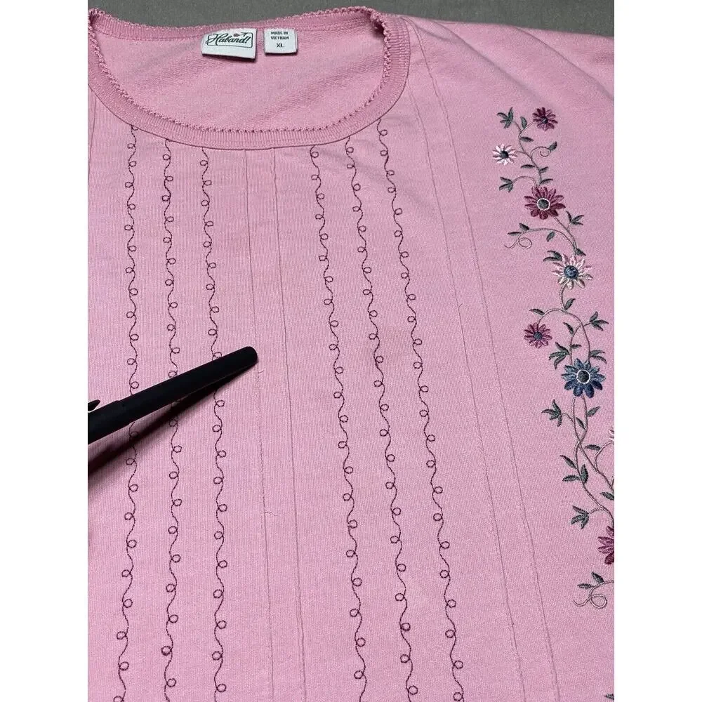 Womens XL Pink Embroidered Shirt 3/4 Sleeves Grandma Cottage Core Floral Cropped
